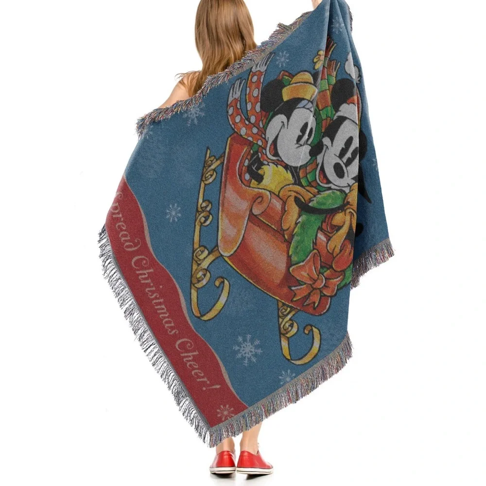 Disney Mickey Minnie Pluto Sleigh Ride Woven Made USA Tapestry Throw 48x60 Inch